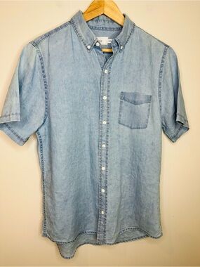 Onia Men’s Linen Blend Jack Short Sleeve Shirt in Light Washed Blue Medium EUC